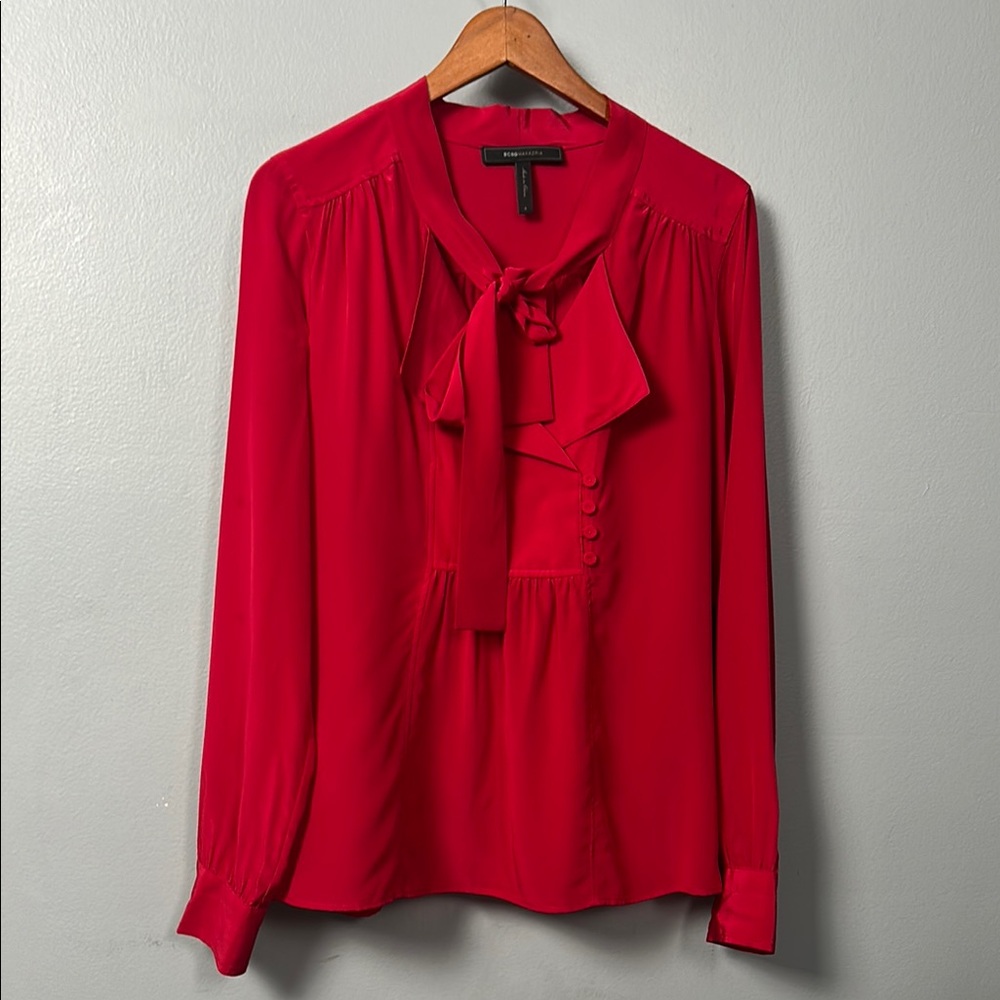 BCBGMaxAzria Red Silk Tie-Neck Full Sleeve Blouse Shirt size small relaxed fit